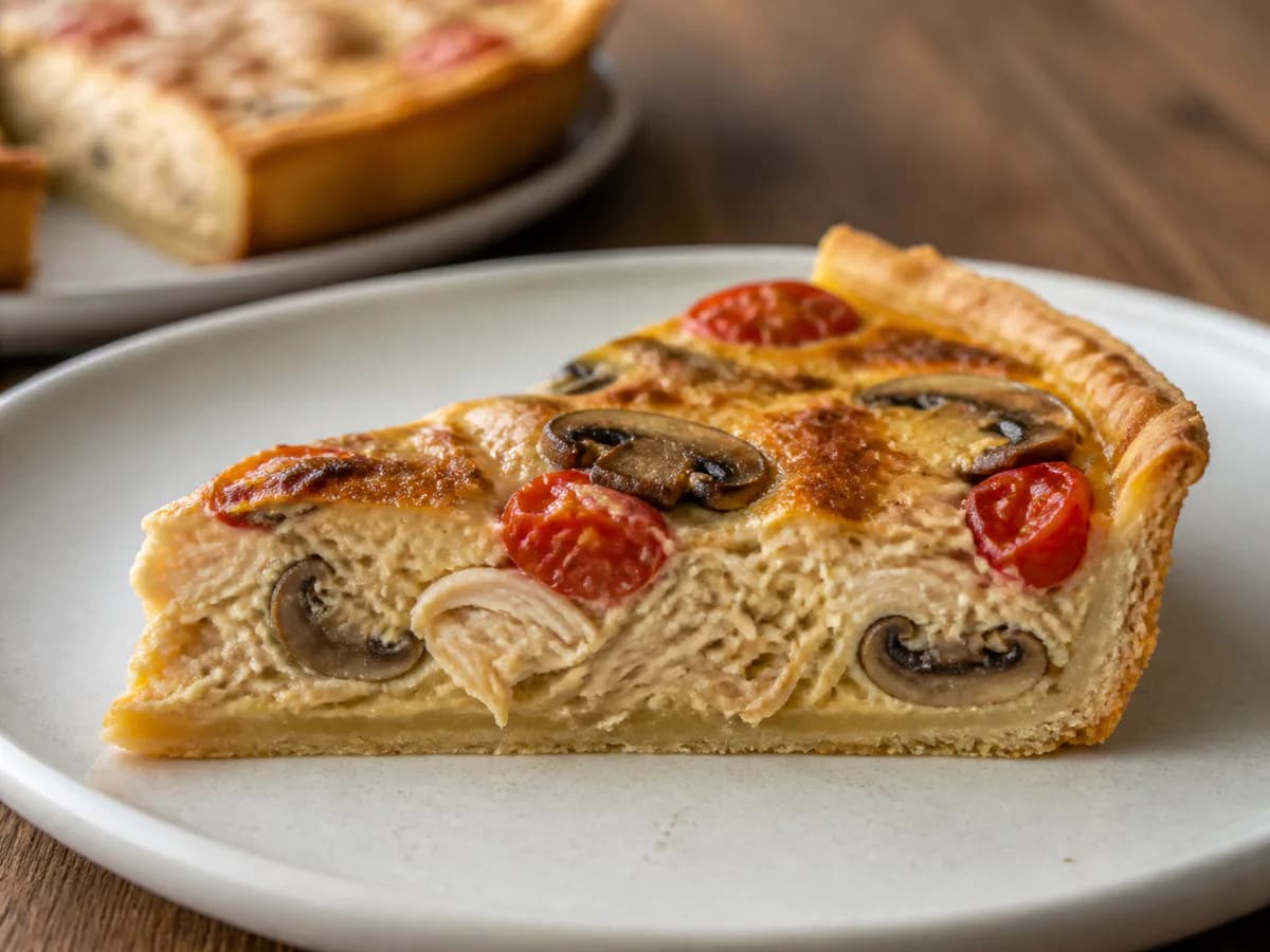 Pormenor de uma porção de Quiche de Frango, Cogumelos e Tomate Cherry