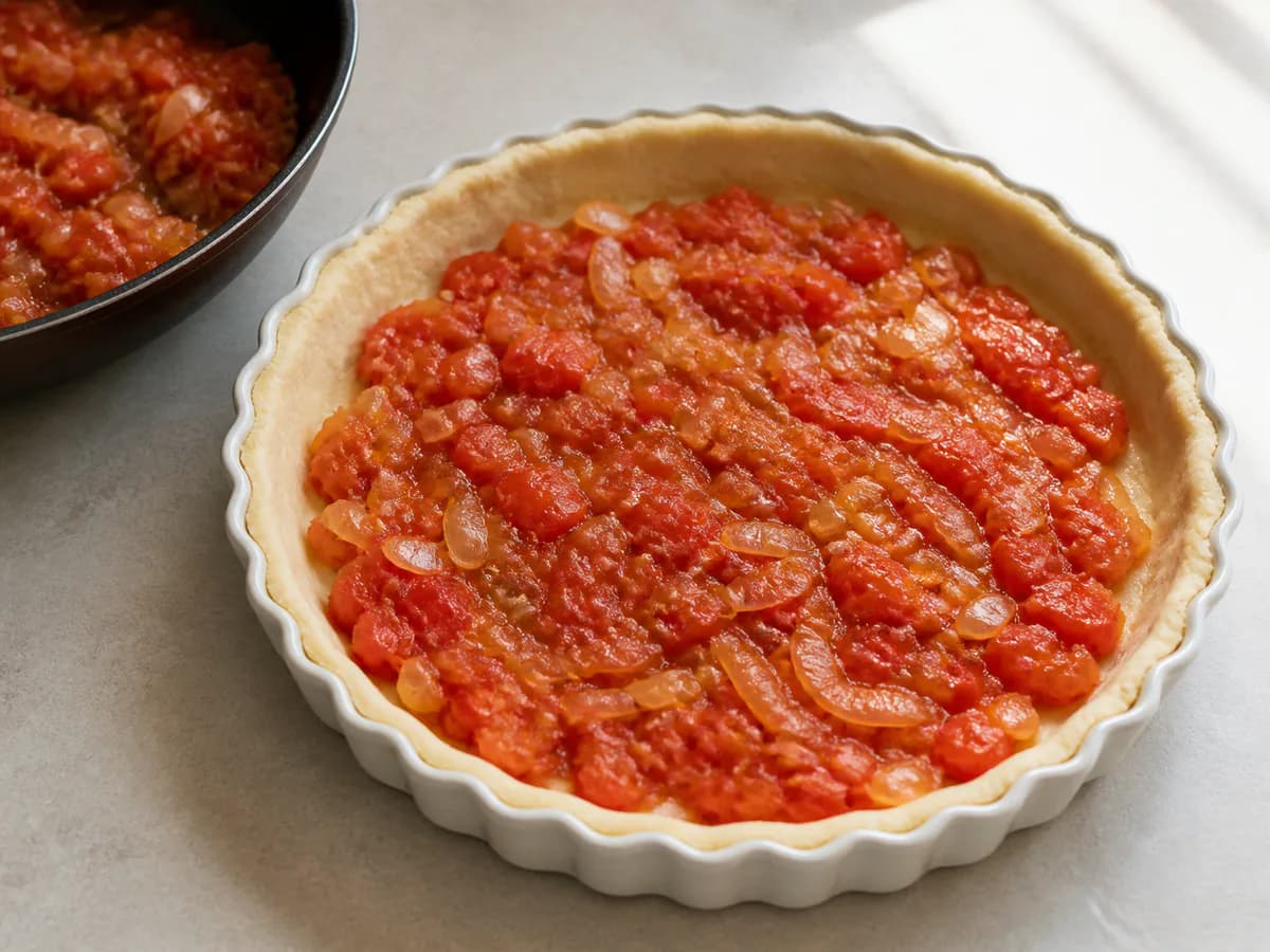 Preparação de Quiche de Tomate e Queijo Fresco durante a confeção