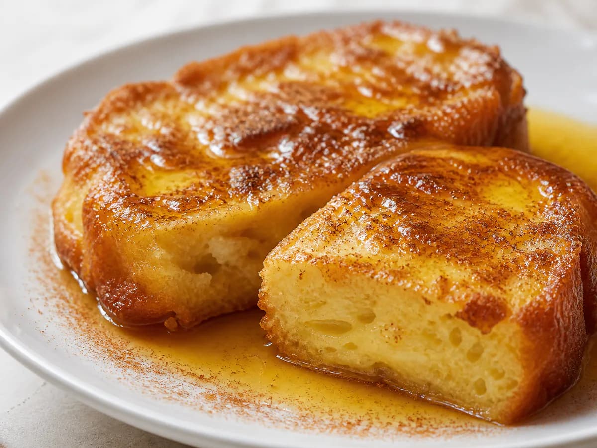 Pormenor de uma porção de Rabanadas com Calda de Laranja