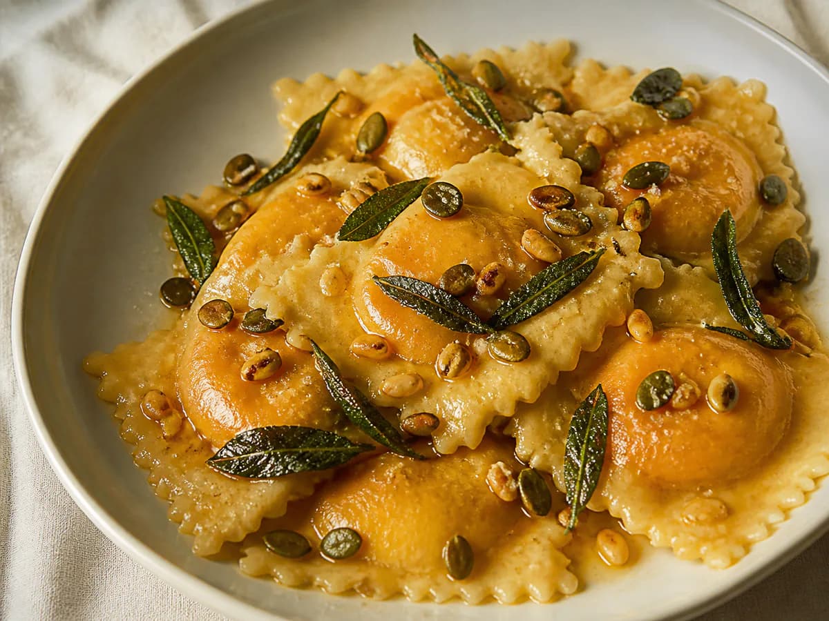 Raviolis de Abóbora e Queijo Manchego com Sálvia, Sementes de Abóbora e Pinhões