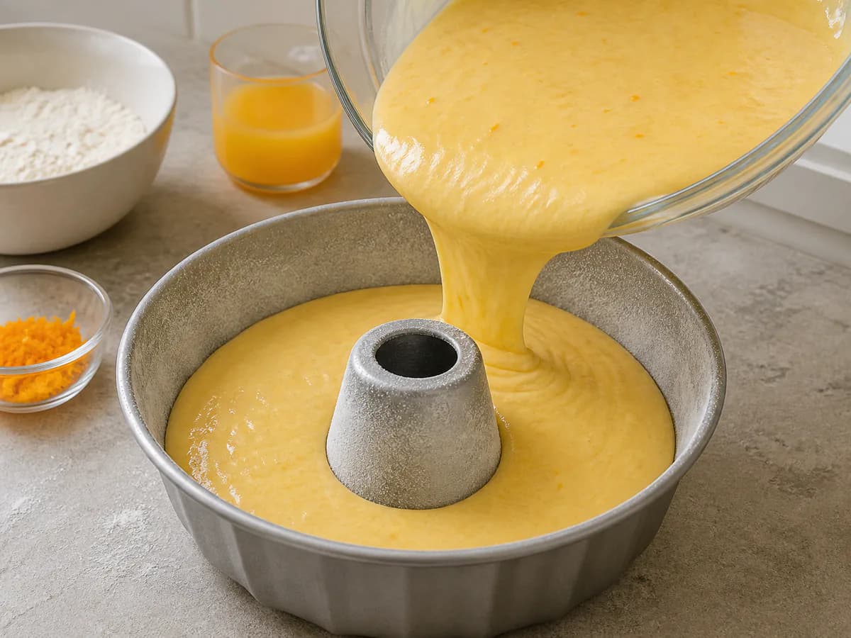 Preparação de Bolo de Laranja com Calda durante a confeção