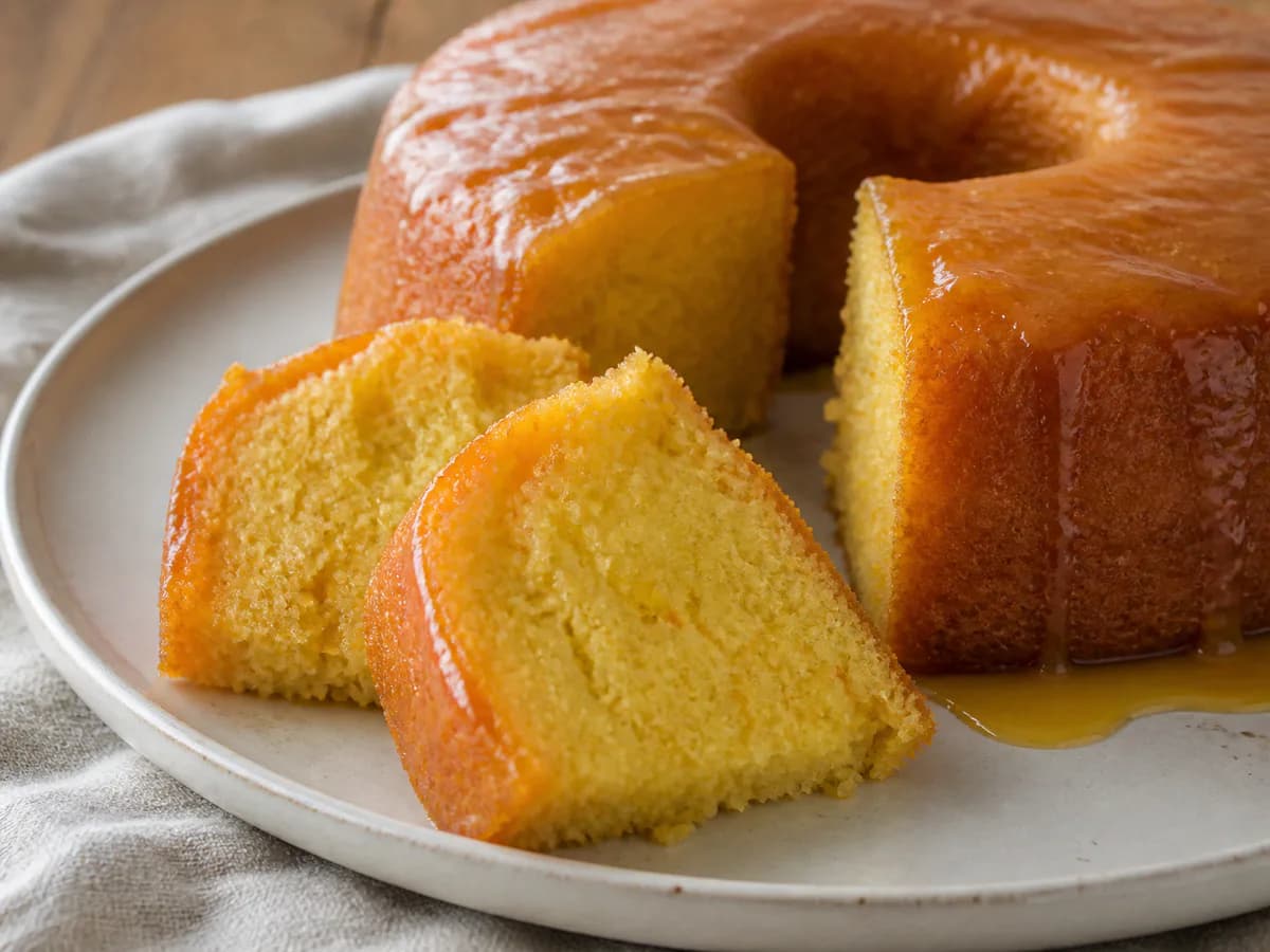 Pormenor de uma porção de Bolo de Laranja com Calda