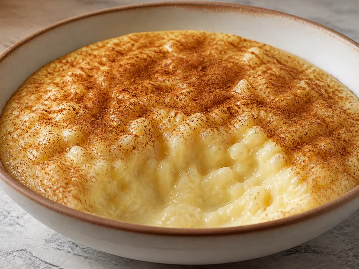 Pormenor de uma porção de Arroz Doce Cremoso com Três Gemas
