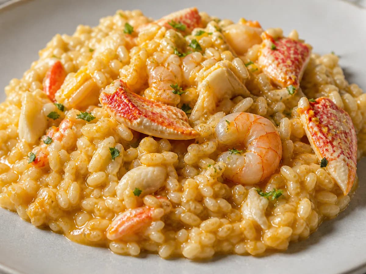 Pormenor de uma porção de Risoto de Sapateira, Camarão e Ouriço do Mar