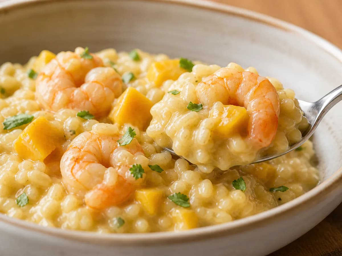 Pormenor de uma porção de Risoto de Camarão com Manga
