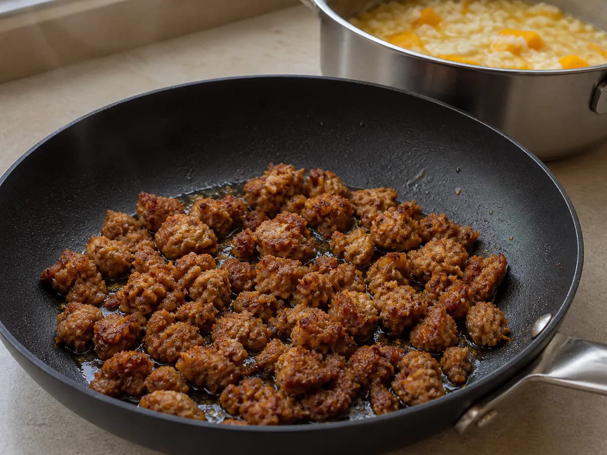 Preparação de Risotto de Abóbora e Alheira durante a confeção