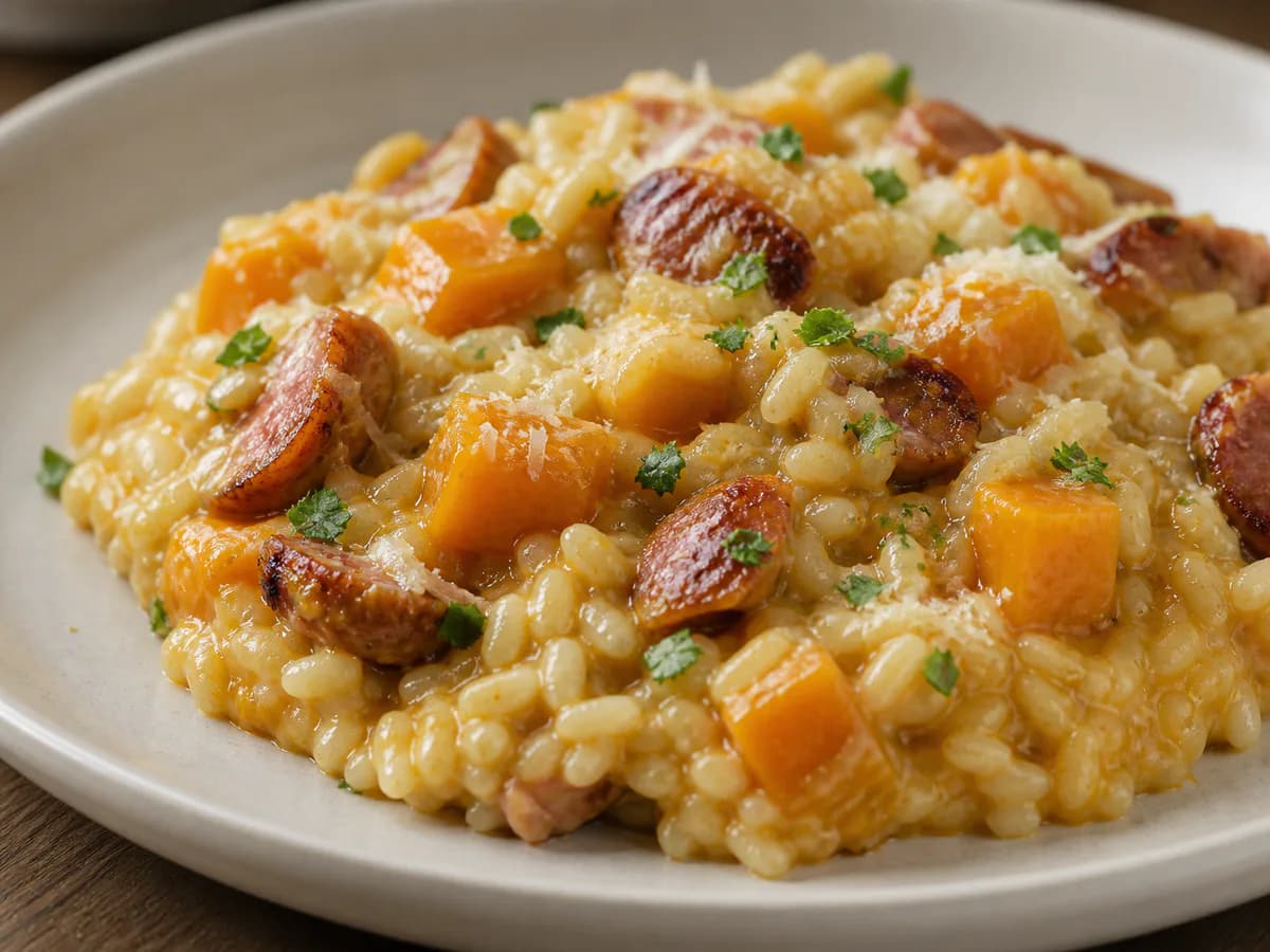 Pormenor de uma porção de Risotto de Abóbora e Alheira