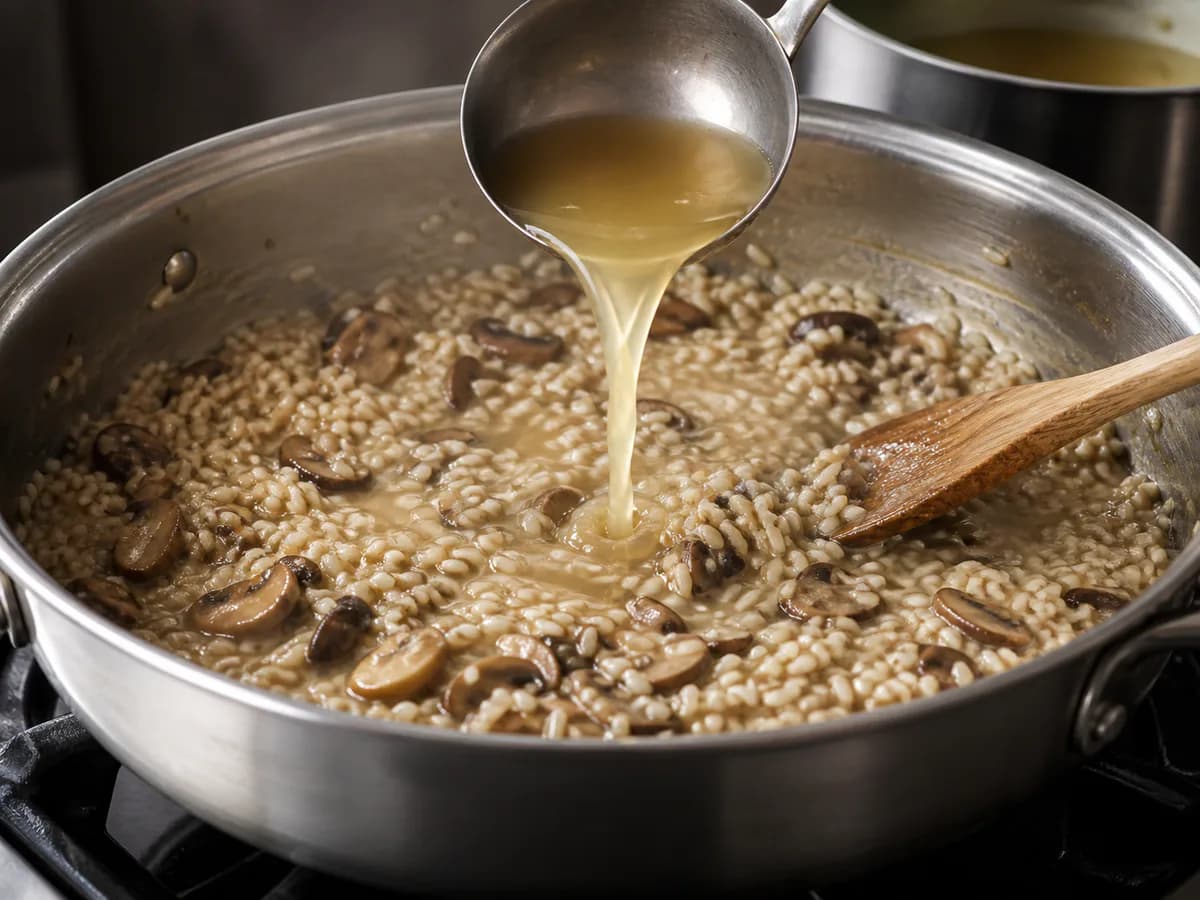 Preparação de Risotto de Cogumelos e Manjericão durante a confeção