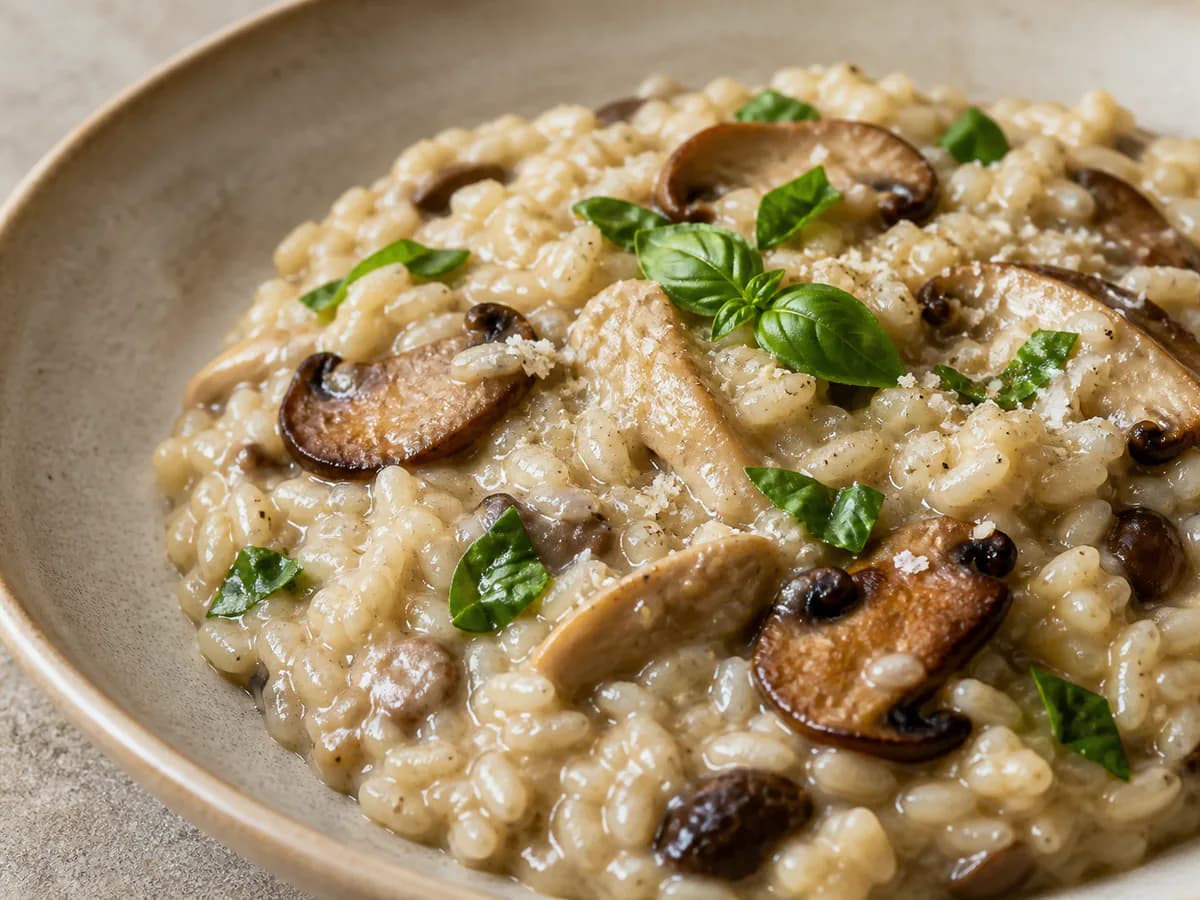 Pormenor de uma porção de Risotto de Cogumelos e Manjericão