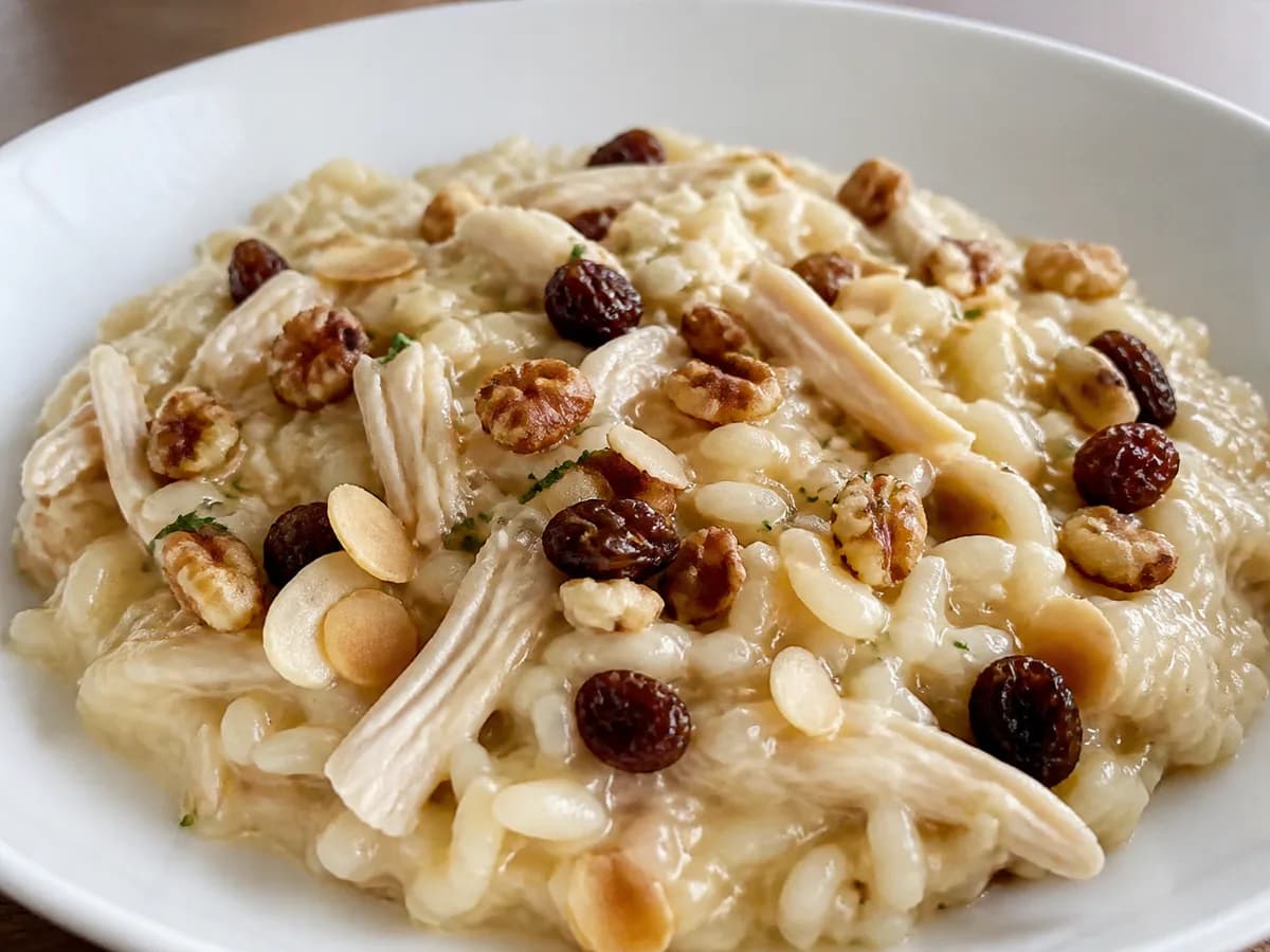 Pormenor de uma porção de Risotto de Frango e Frutos Secos