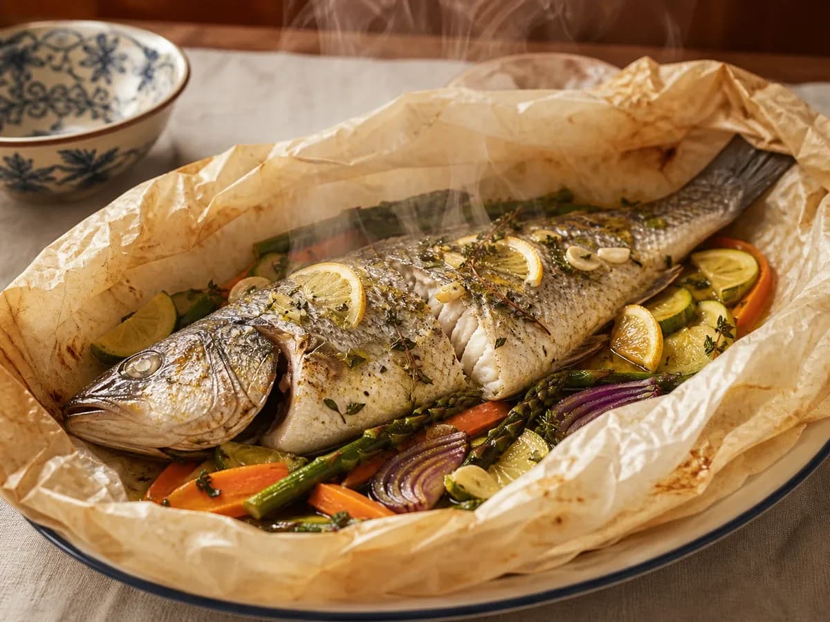 Pormenor de uma porção de Robalo no Papelote com Legumes Estralados