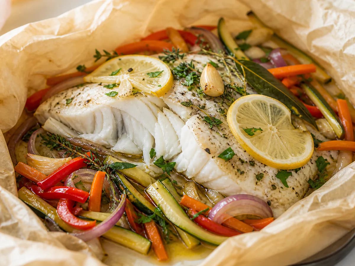 Pormenor de uma porção de Robalo em Papelote com Legumes Aromáticos