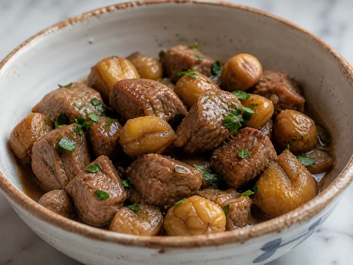 Pormenor de uma porção de Rojões com Castanhas