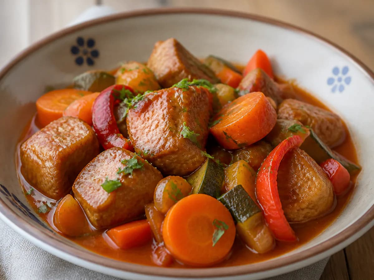 Pormenor de uma porção de Rojões com Legumes Estufados