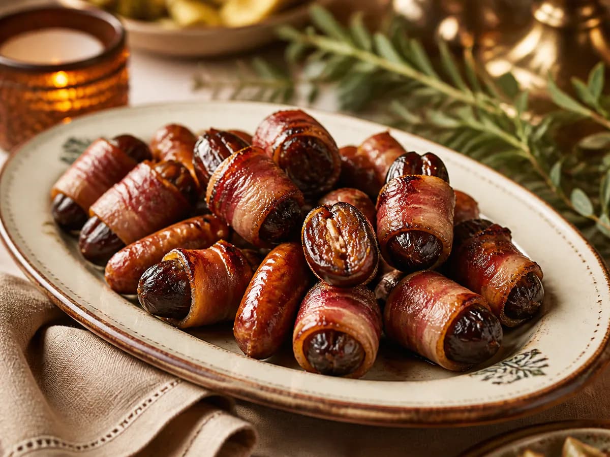 Pormenor de uma porção de Rolinhos de Bacon com Tâmaras e Salsichas