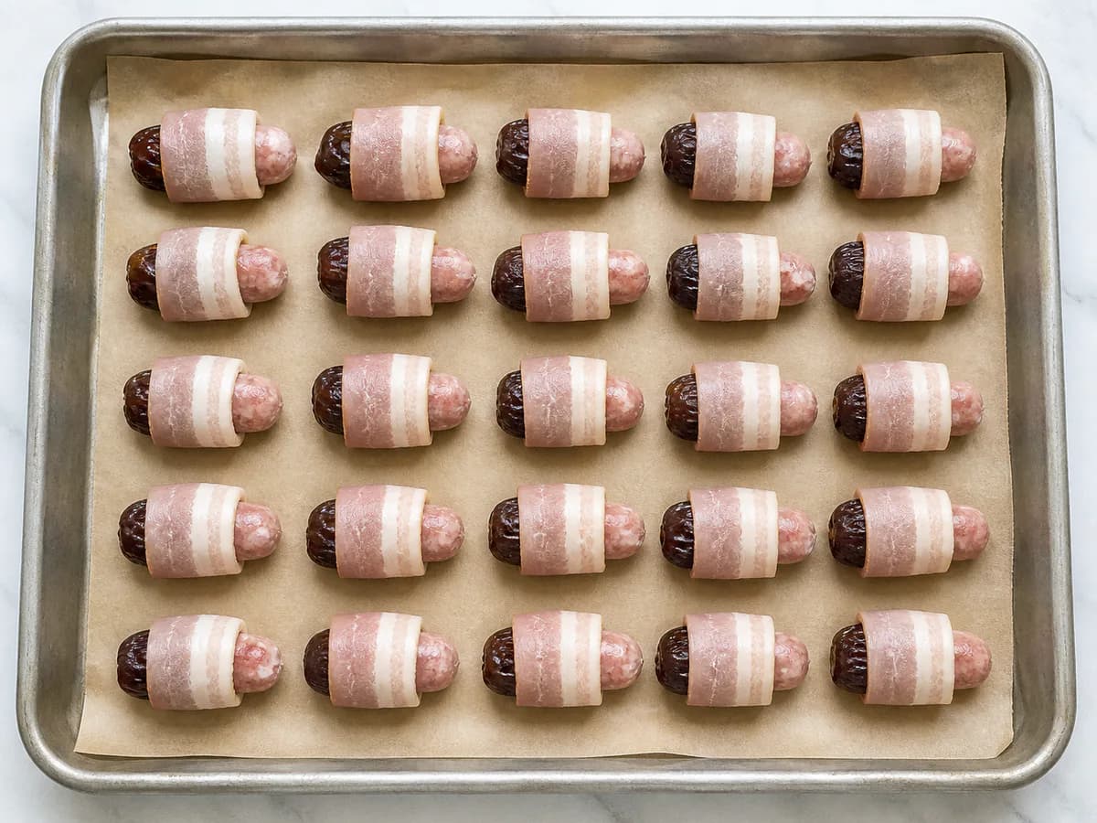 Preparação de Rolinhos de Bacon com Tâmaras e Salsichas durante a confeção
