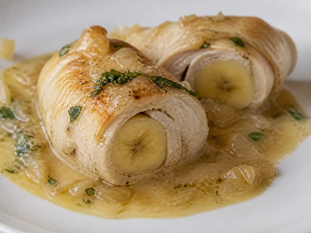 Pormenor de uma porção de Rolinhos de Peixe Espada com Banana