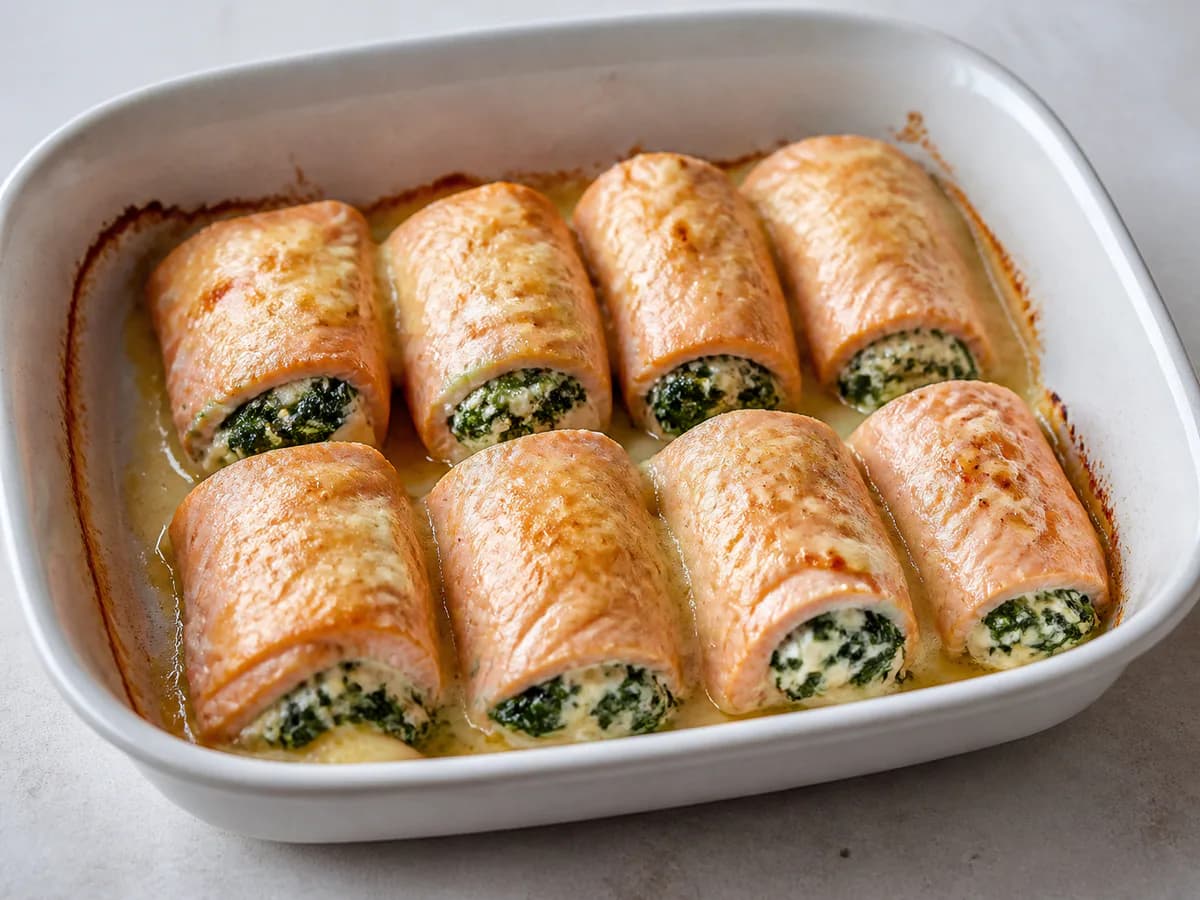Rolinhos de Salmão com Espinafres e Queijo