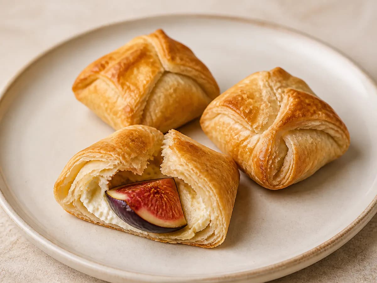 Pormenor de uma porção de Rolinhos Folhados de Figos e Queijo de Cabra