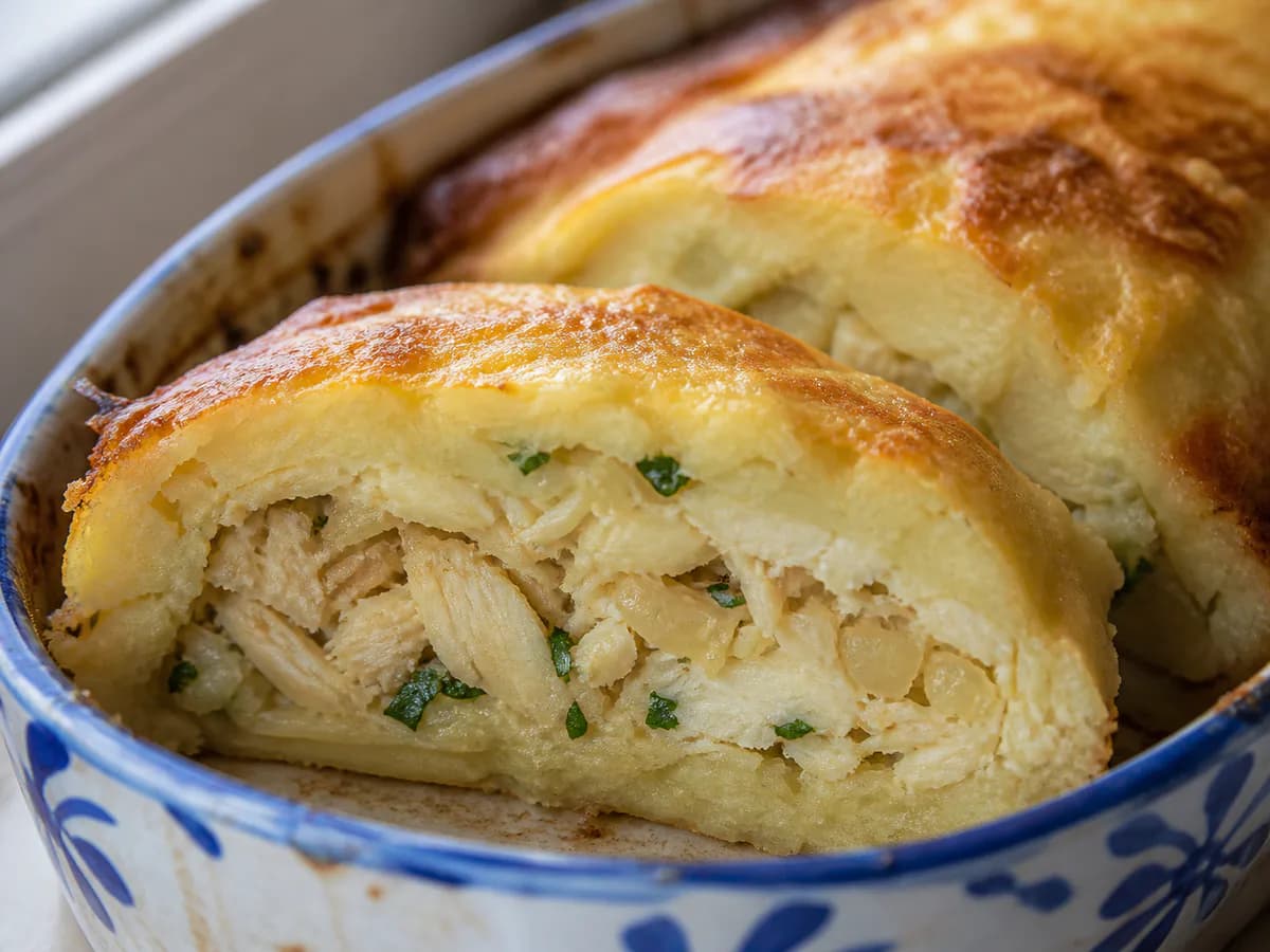 Pormenor de uma porção de Rolo de Bacalhau com Batata