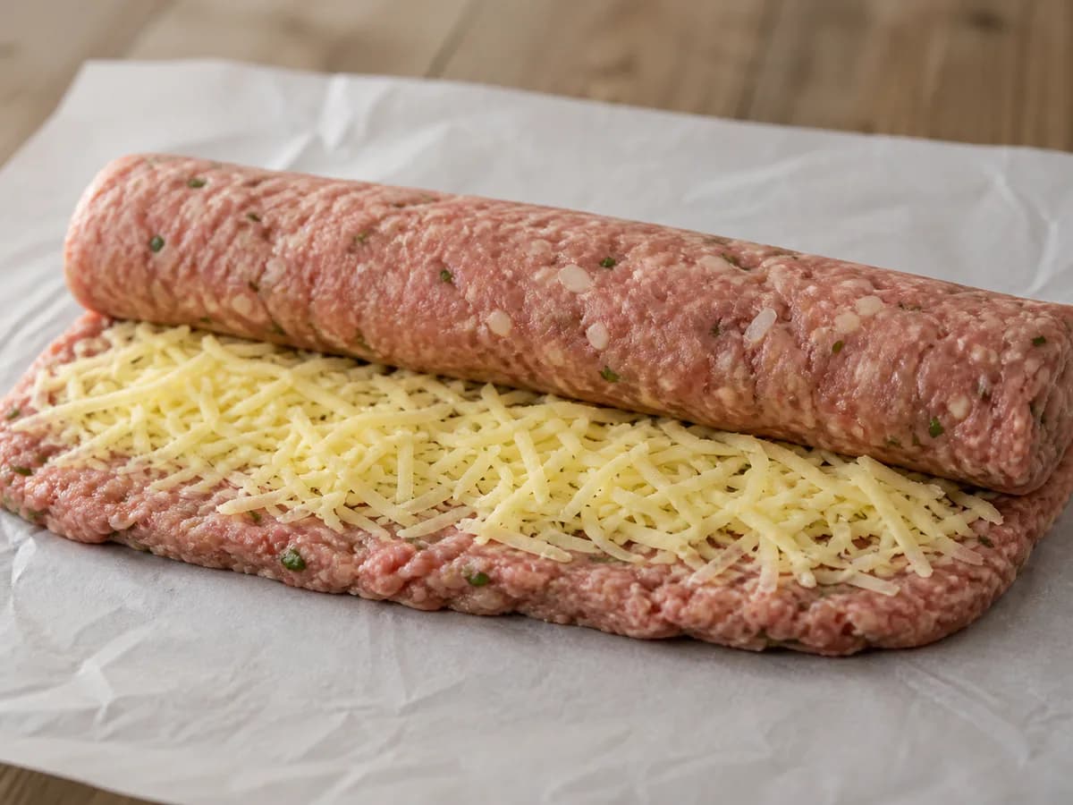 Preparação de Rolo de Bacon e Queijo durante a confeção