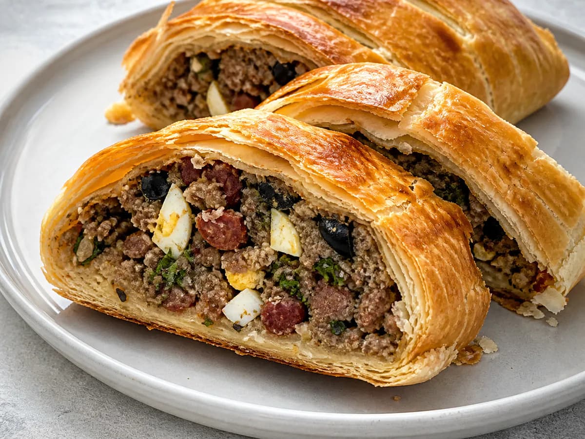 Pormenor de uma porção de Rolo de Carne Folhado