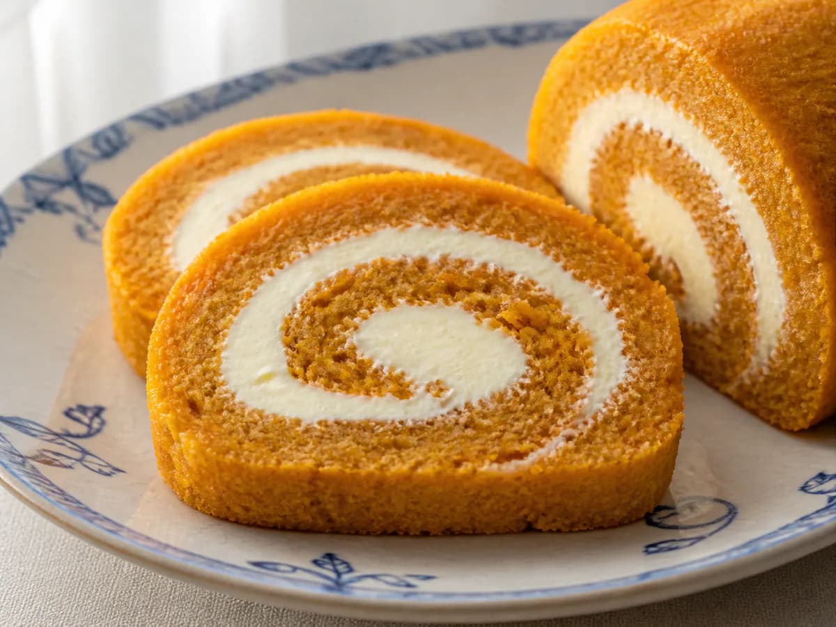 Pormenor de uma porção de Rolo de Cenoura com Recheio de Queijo Cremoso