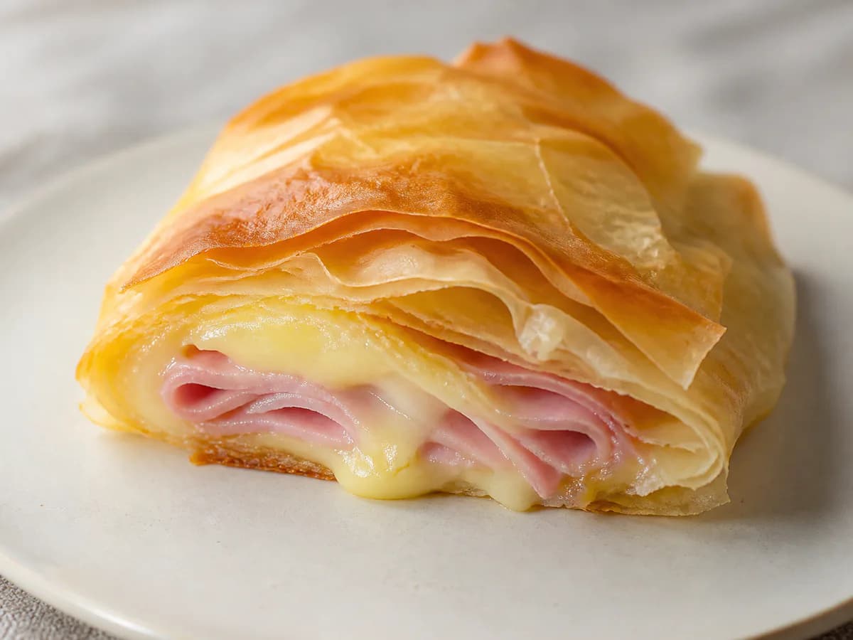Pormenor de uma porção de Rolo de Filo com Queijo e Fiambre