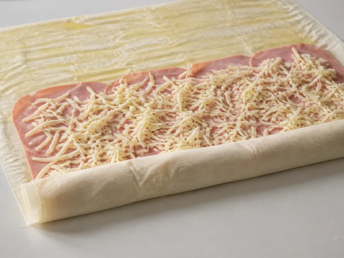 Preparação de Rolo de Filo com Queijo e Fiambre durante a confeção