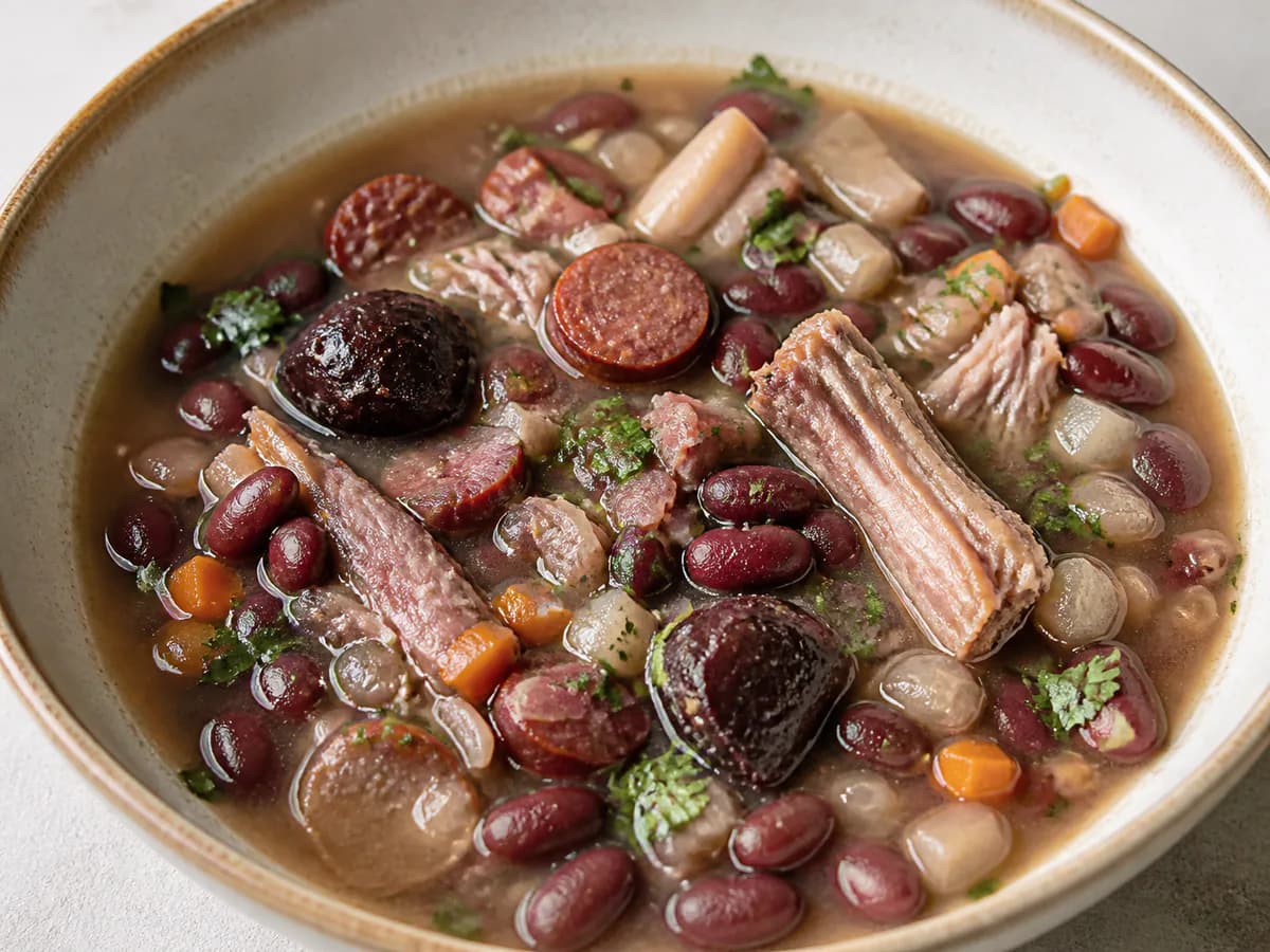 Pormenor de uma porção de Sopa da Pedra com Chispe e Entrecosto