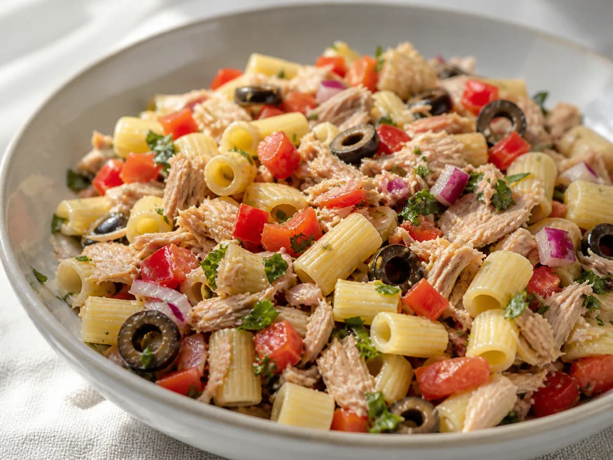 Pormenor de uma porção de Salada de Atum com Massa e Azeitonas