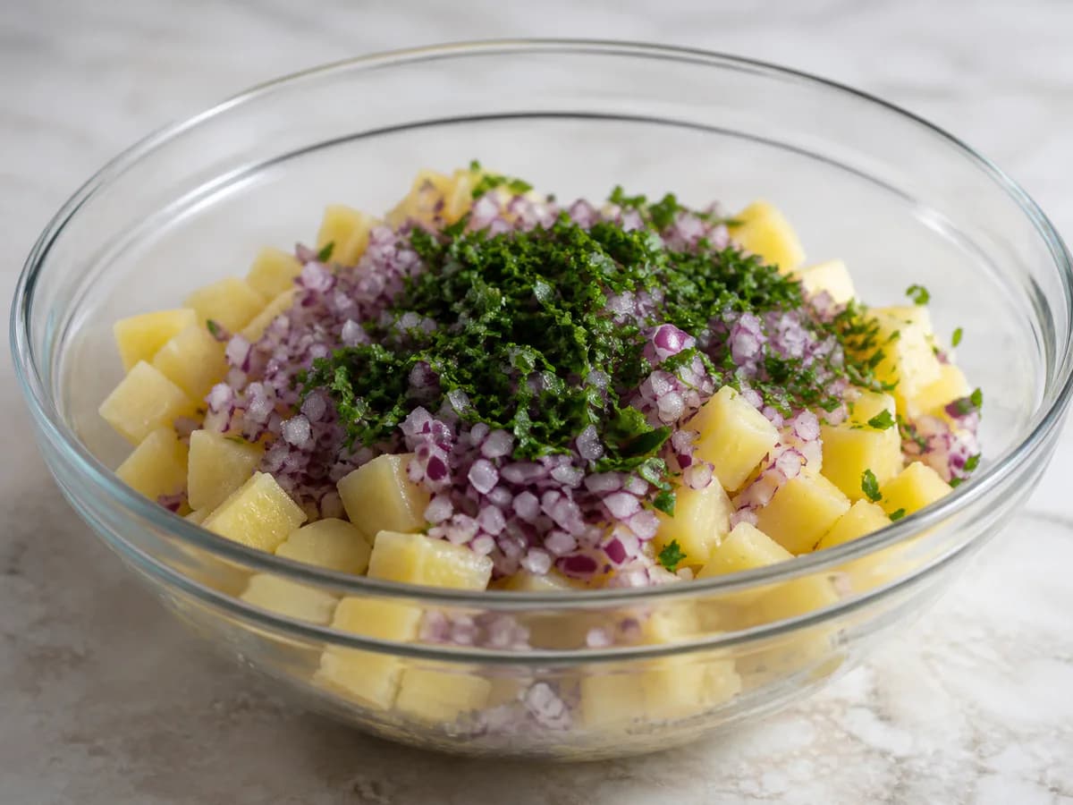 Preparação de Salada de Batata à Portuguesa durante a confeção