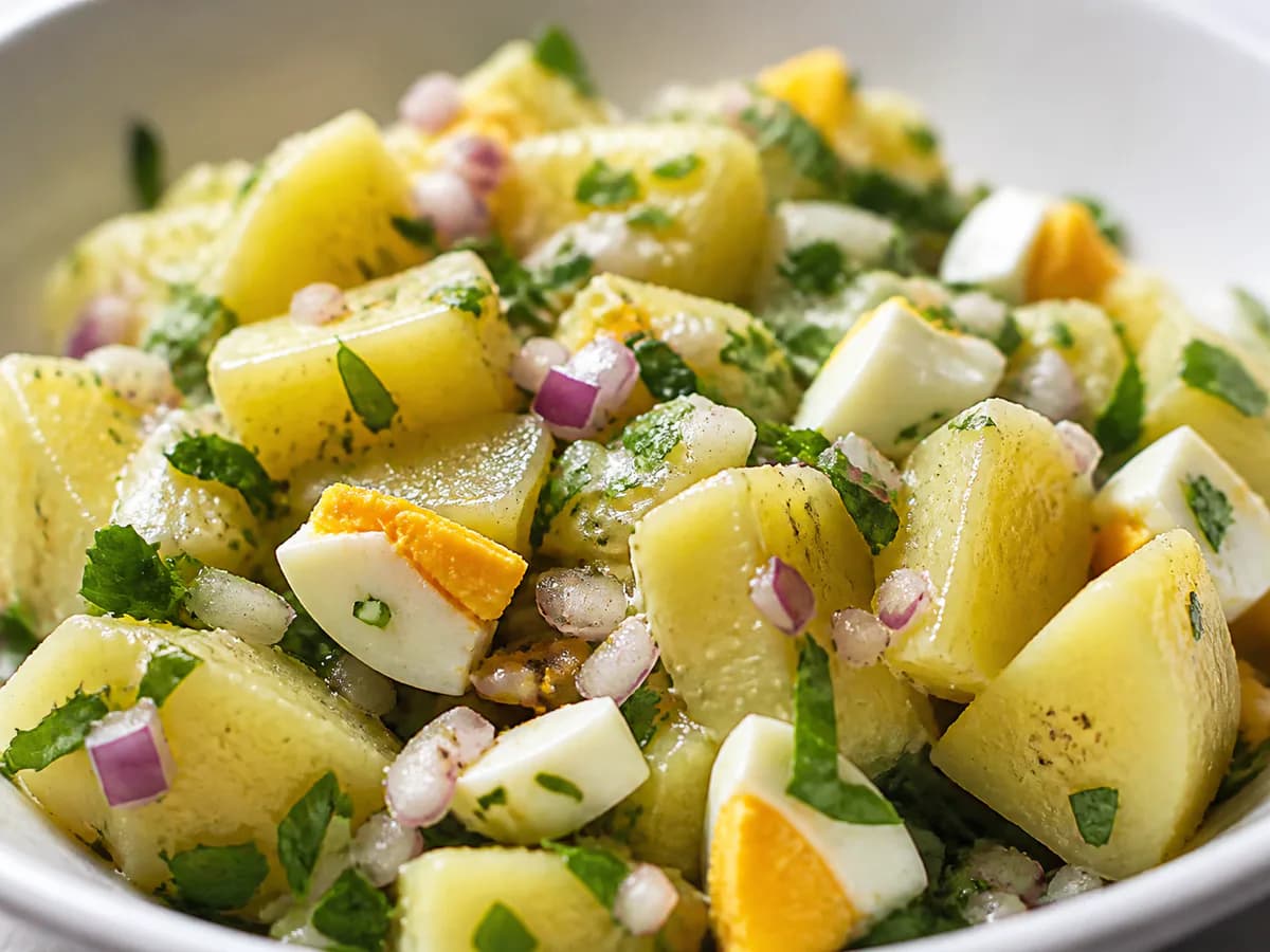 Pormenor de uma porção de Salada de Batata à Portuguesa