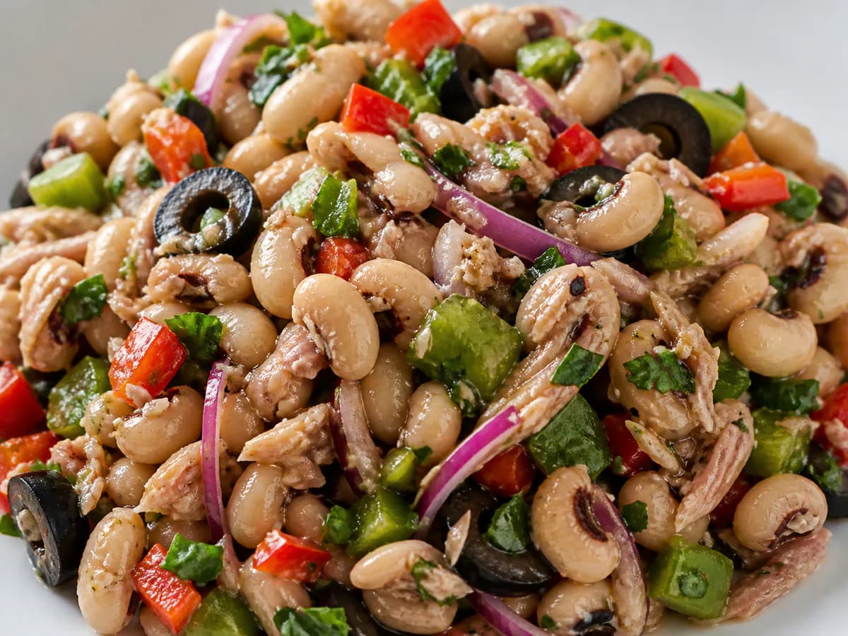 Pormenor de uma porção de Salada de Feijão Frade com Atum