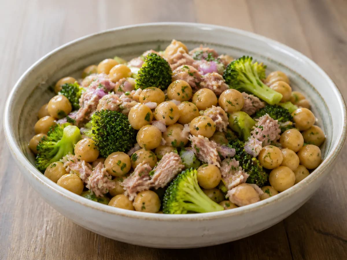 Pormenor de uma porção de Salada de Grão-de-Bico e Atum com Brócolos