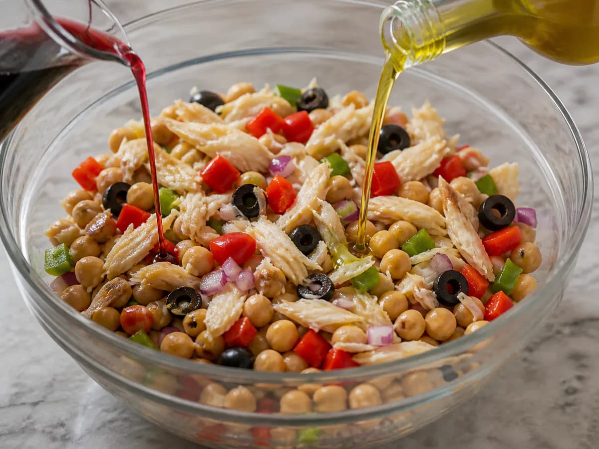 Preparação de Salada de Grão-de-Bico com Bacalhau durante a confeção