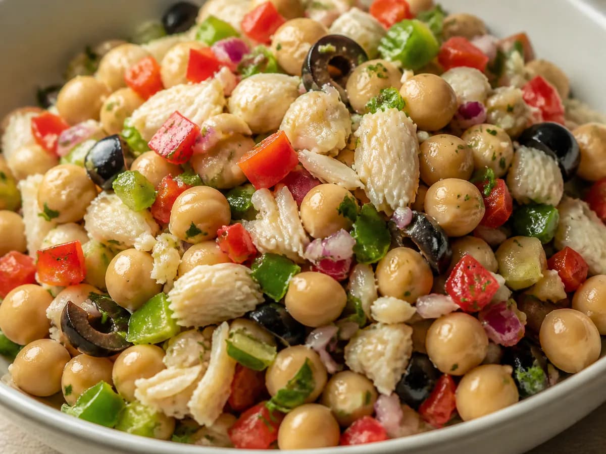 Pormenor de uma porção de Salada de Grão-de-Bico com Bacalhau