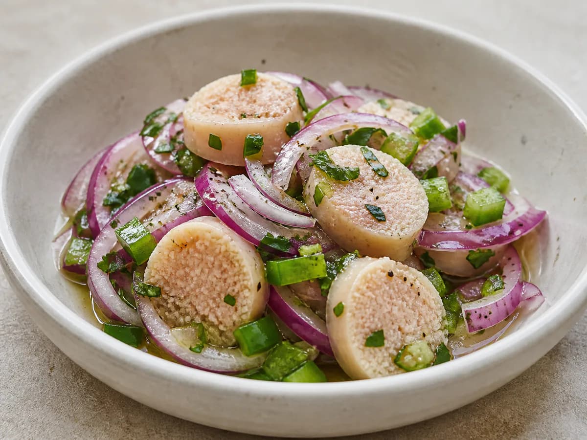 Pormenor de uma porção de Salada de Ovas Cozidas