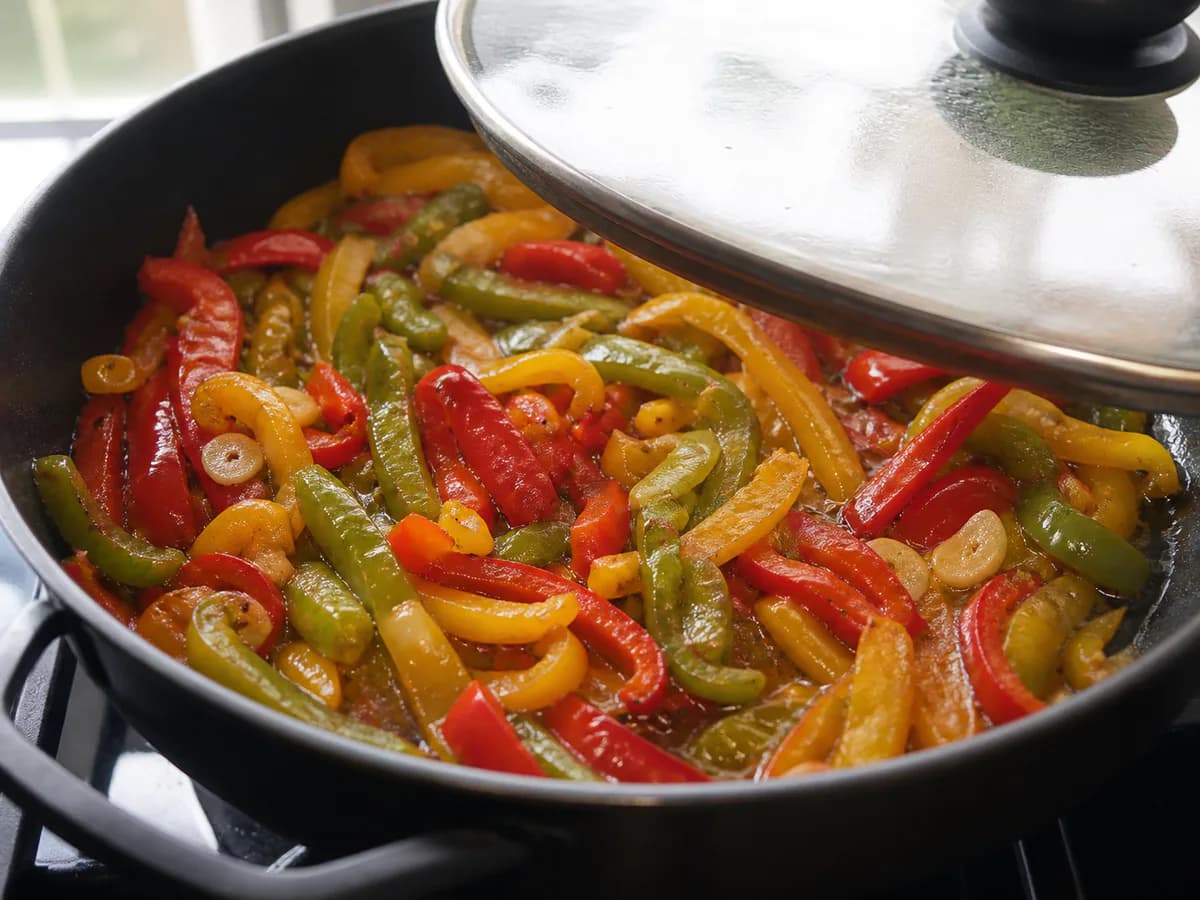 Preparação de Salada de Pimentos Salteados durante a confeção