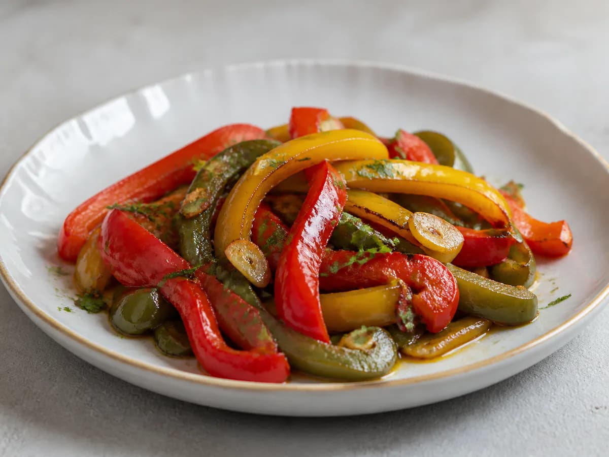 Pormenor de uma porção de Salada de Pimentos Salteados