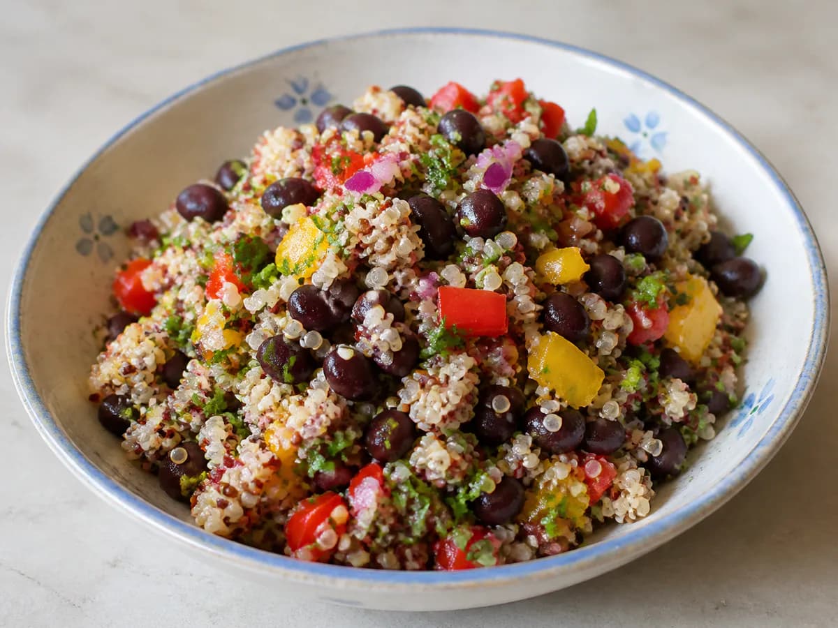 Pormenor de uma porção de Salada de Quinoa com Feijão Preto e Ervas Frescas