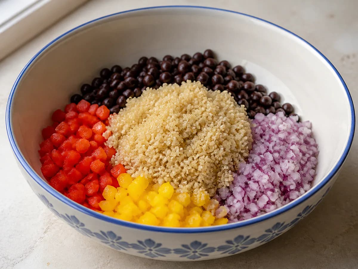 Preparação de Salada de Quinoa com Feijão Preto e Ervas Frescas durante a confeção