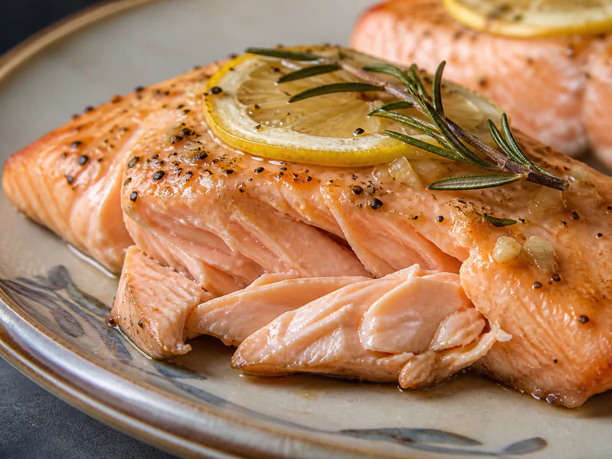 Pormenor de uma porção de Salmão com Alecrim e Limão