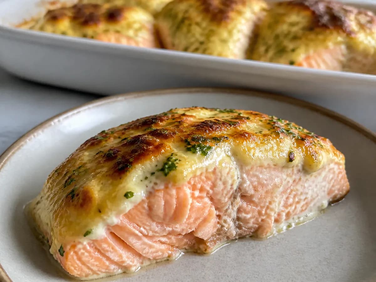 Pormenor de uma porção de Salmão com Maionese Gratinada