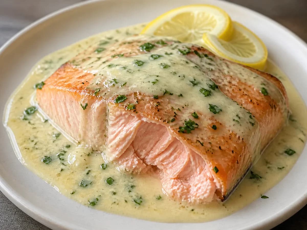 Pormenor de uma porção de Salmão com Molho de Limão e Ervas