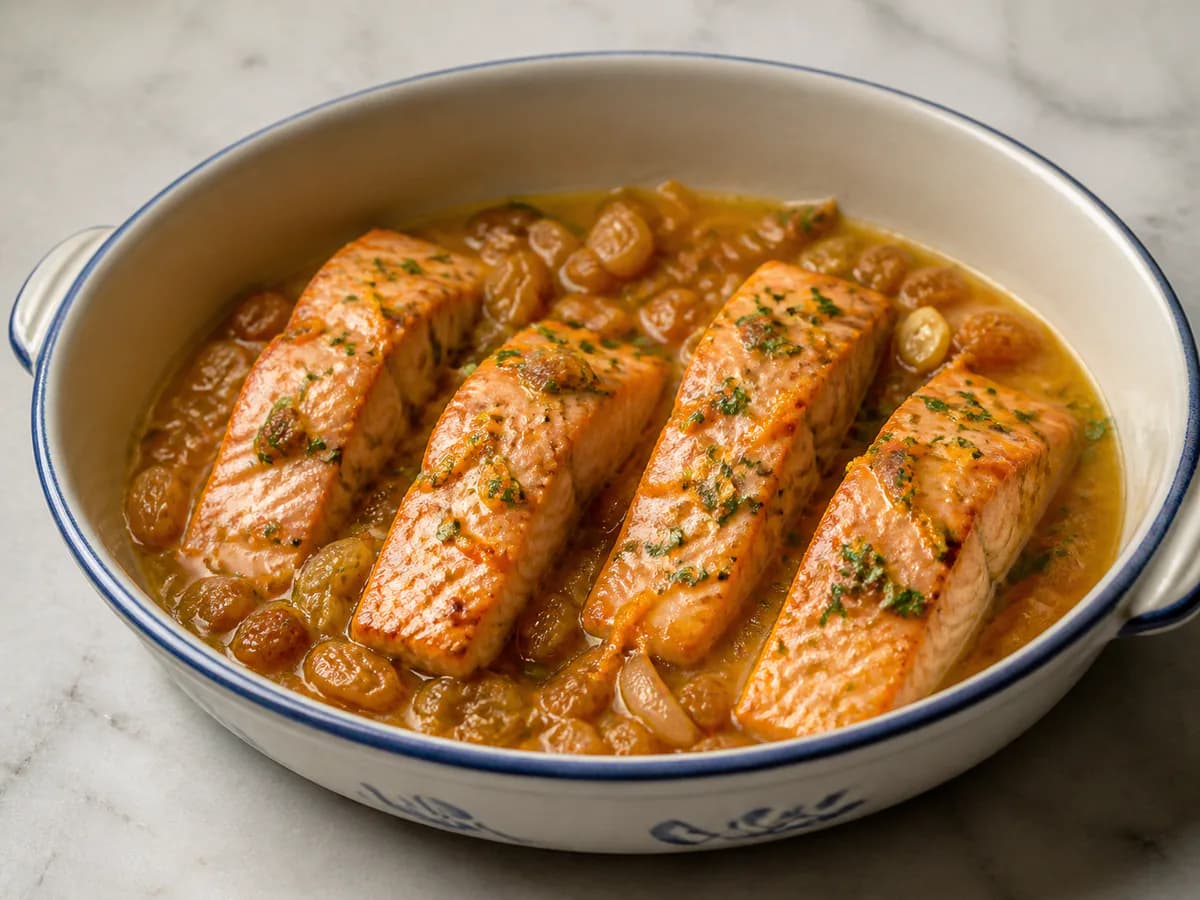 Salmão em Molho de Passas, Laranja e Vinho do Porto