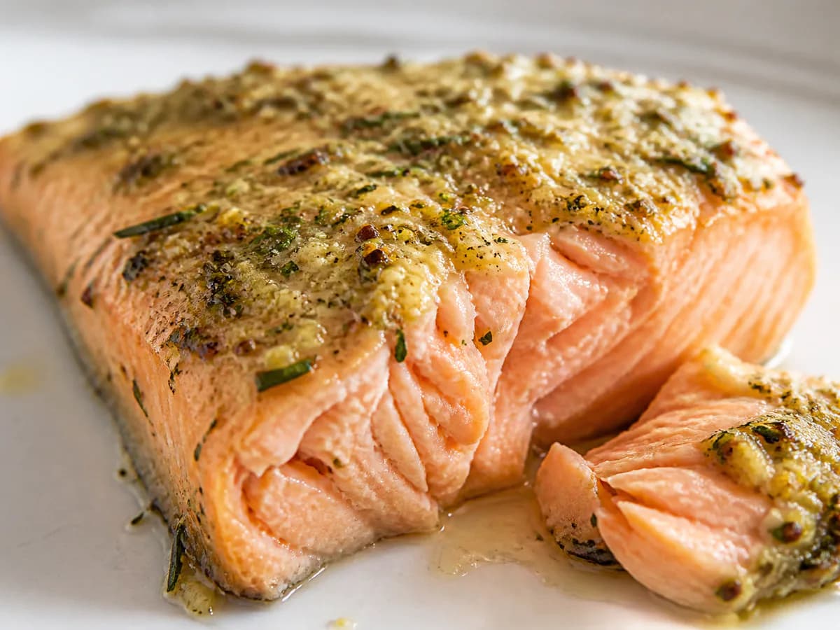 Pormenor de uma porção de Salmão no Forno com Mostarda e Ervas Aromáticas