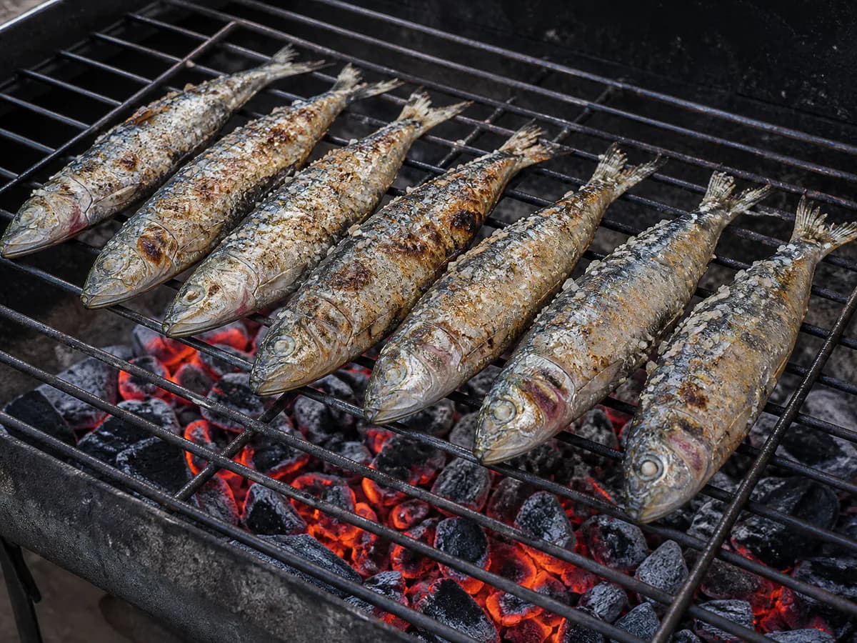 Preparação de Sardinha Assada na Brasa durante a confeção