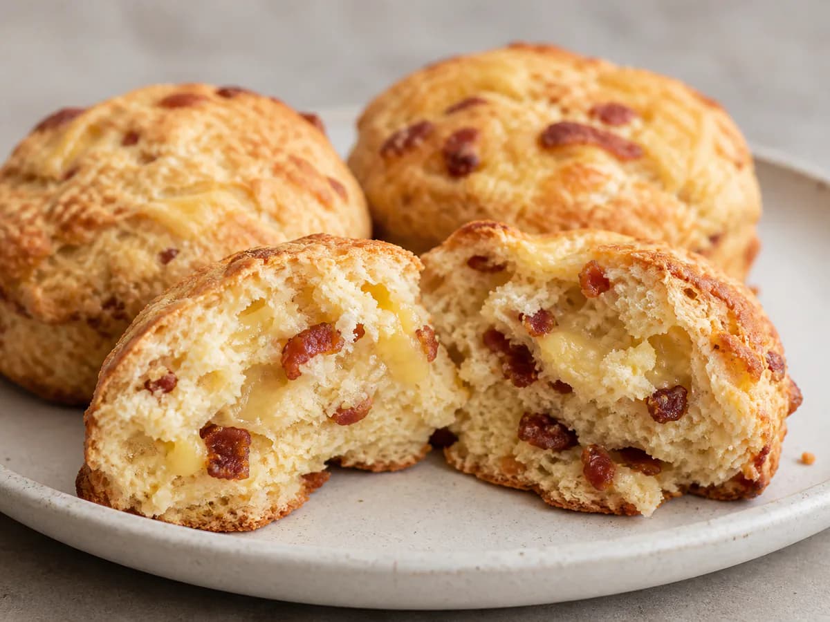 Pormenor de uma porção de Scones de Bacon e Queijo São Jorge