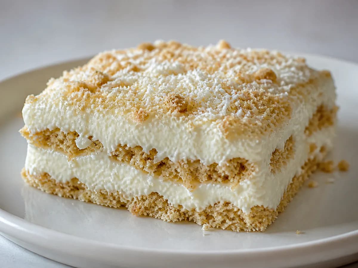 Pormenor de uma porção de Serradura de Natas com Côco Ralado
